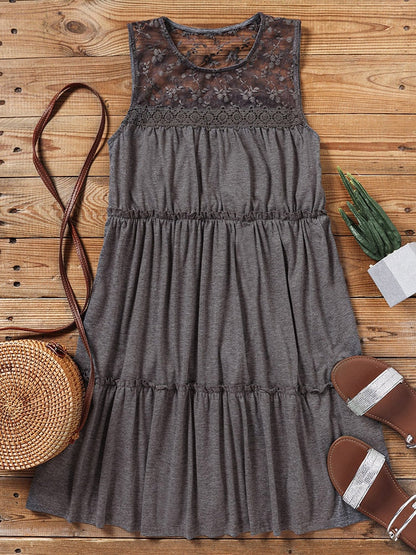 Vintage Lace Splicing Ruffled Sleeveless Mini Dress 2023 Women's Summer Solid Hollow Out A-Line Loose Flowy Pleated Short Dresse