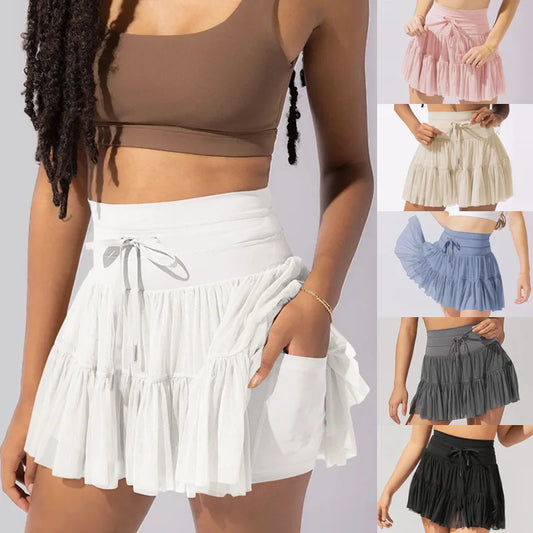 vmtvr Women's Elastic High Waist Pleated Skirt Spring and Summer Women's Casual Imitation Walking Light Waist Tied Pocket Beach Skirt