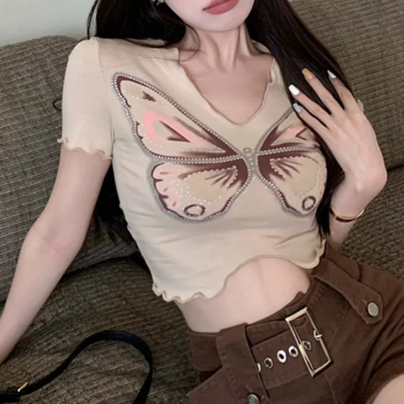 vmtvr Butterfly Graphic Sexy Women Crop Tops Summer New Korean Fashion Female Clothing Vintage Casual Chic Short Sleeve Slim T-shirt