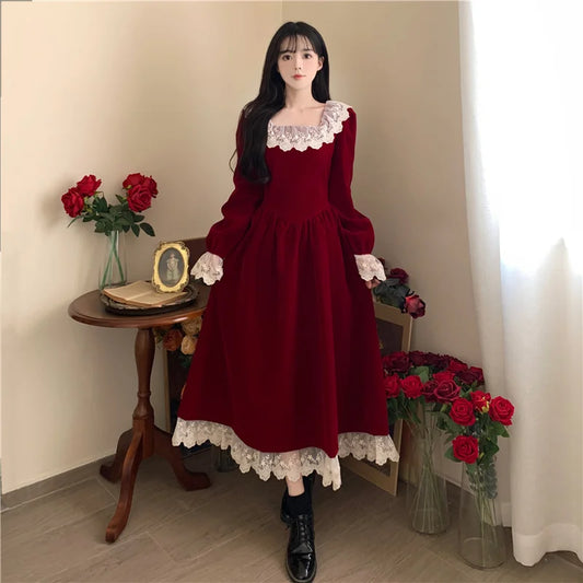 vmtvr  -  Christmas Dress Vintage Lace Splicing Gold Velvet Red Long Dress Elegant Thin Evening Dress Chic and Simple Autumn New