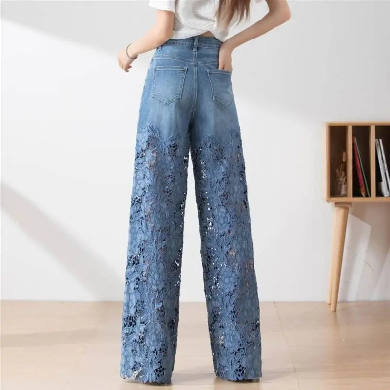 vmtvr Fashion Women's Jeans 2024 New Summer High-Waist Openwork Lace Stitching Denim Wide-Leg Pants Female Straight Trousers