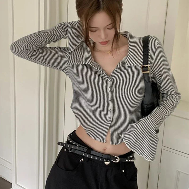 vmtvr Harajuku Striped Women Shirts Korean Fashion Flare Sleeve Sexy Cropped Tops Summer All Match Female Streetwear Slim Shirts