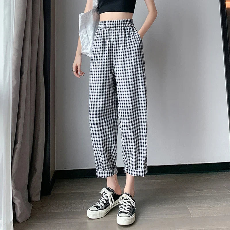 vmtvr Women Cotton Linen Plaid Pants Korean Casual Streetwear Ankle Length Pants Summer Fashion Female High Waist Y2K Trousers New