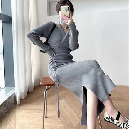 vmtvr Woman Knitted Long Dress Autumn Winter New Sexy Lapel Elegant Commuter Drawstring Waist Slim Bottom Dress Women's Clothing