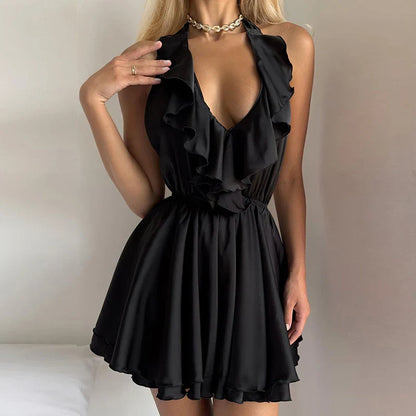 vmtvr 2024 Spring Deep V-neck Lace Up Halter Dress Women Sexy Backless Hollow A-Line Party Dress Summer Solid Ruffle Mini Short Dress