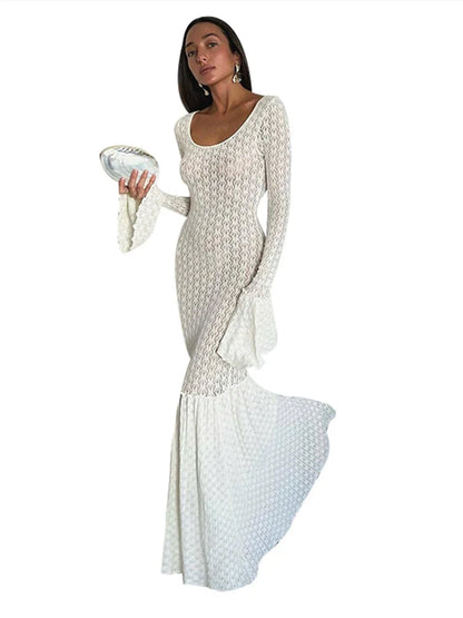 vmtvr  -  Sexy Knit Beach Long Dress Women Hollow-Out O-Neck Full Flare Sleeve Bikini Cover-Ups Dresses Fall Backless Holiday Party Robe