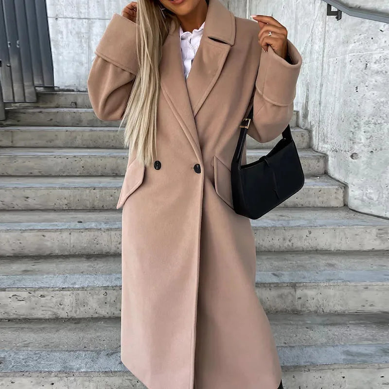 vmtvr Commuter Ladies Elegant Lapel Neck Woolen Coat Autumn Double Button Slim Long Tops Cardigan Winter Long Sleeve Warm Women Jacket