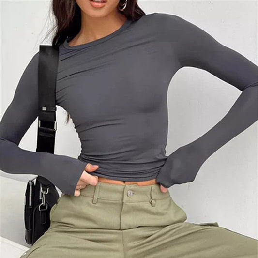 -Fall Outfits -Fall Outfits Long Sleeve Top  Vintage Crop Top Women Pullover Long Sleeve Tees Y2K Clothes Harajuku Streetwear Slim Fit T Shirt Woman Spring Basic T-Shirts