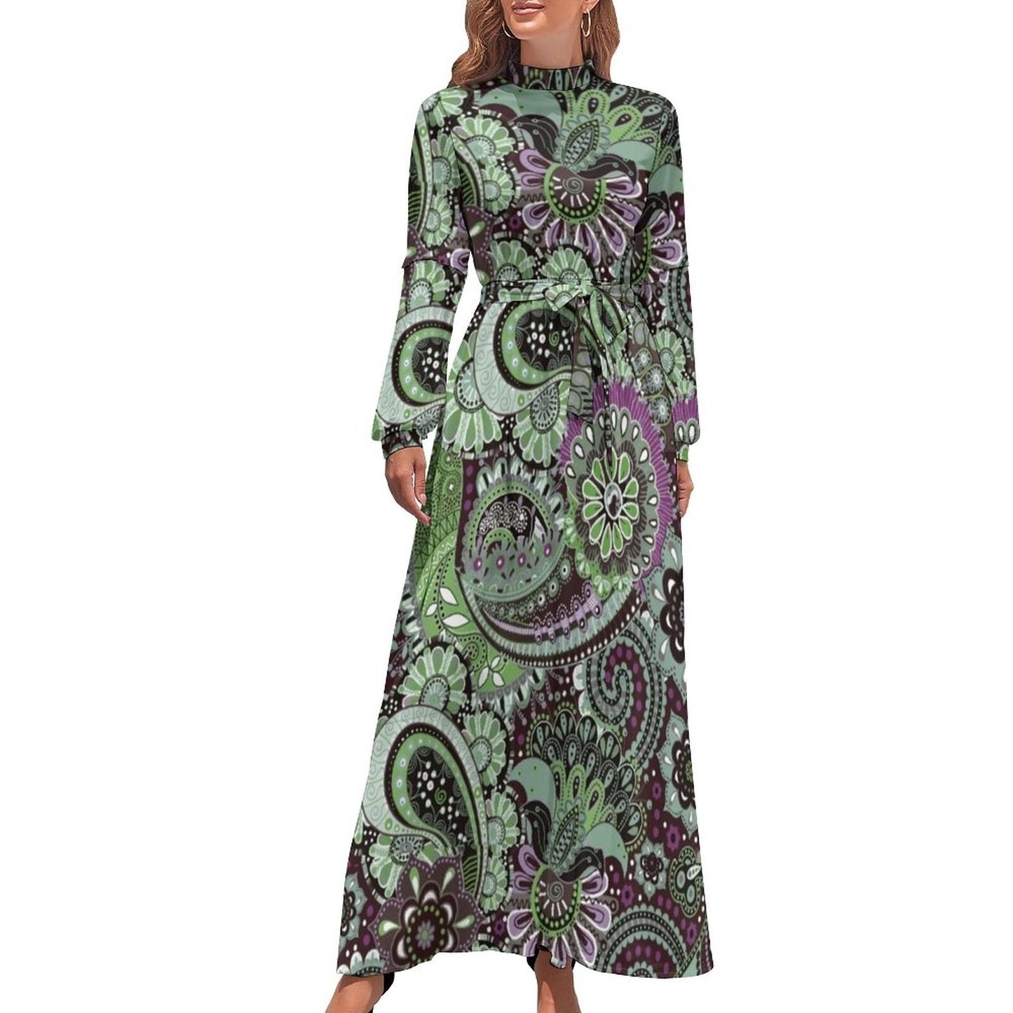 vmtvr - Ethnic Bohemia Dress Retro Floral Print Basic Beach Dresses Female Long Sleeve High Neck Elegant Long Maxi Dress