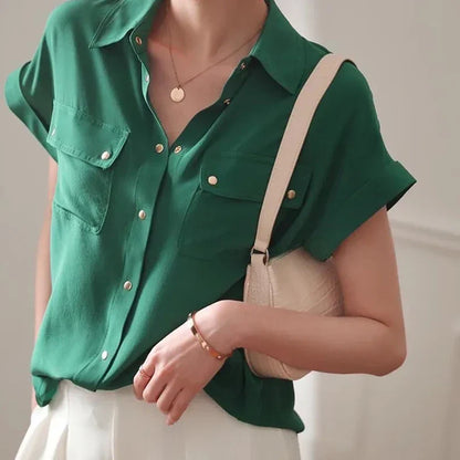 vmtvr Y2K Women Chiffon White Shirt Summer Fashion Metal Button Female Loose Tops Korean Casual Office Ladies Double Pocket Blouse