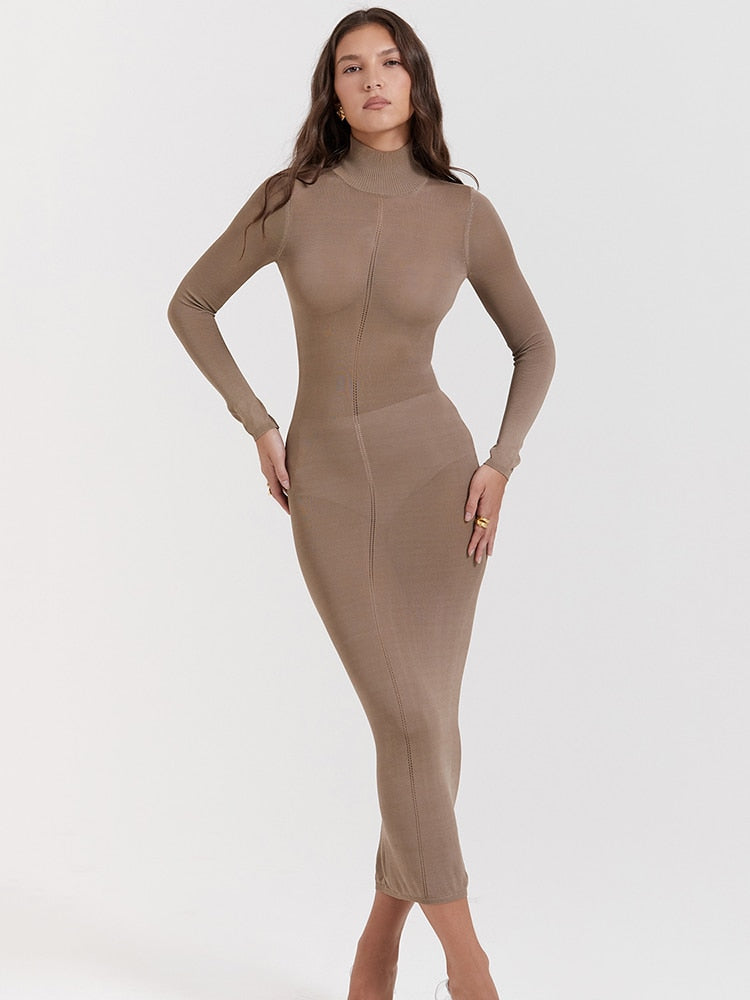 Turtleneck Backless Bodycon Midi Dress For Women New Autumn Winter Long Sleeve Club Party Sexy Long Dress Vestidos