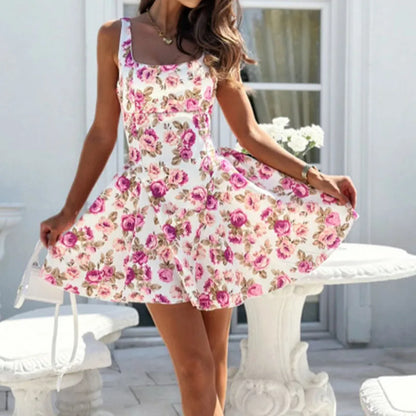 Shdowlass  -  Elegant Off Shoulder Spaghetti Straps Dress Sexy Backless Bow Tie-up Waist Mini Dress Women Fashion Floral Print  A-Line Dresses