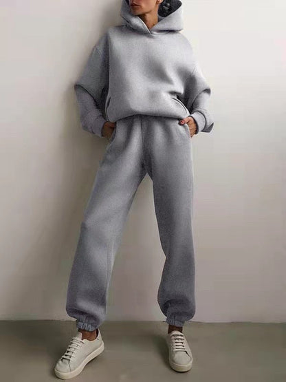 Fleece-Lined Tracksuits Women Casual Solid Warm Suits Hoodies Sweatpants Autumn Winter Pullover Sweatshirts Pants 2 Piece Set