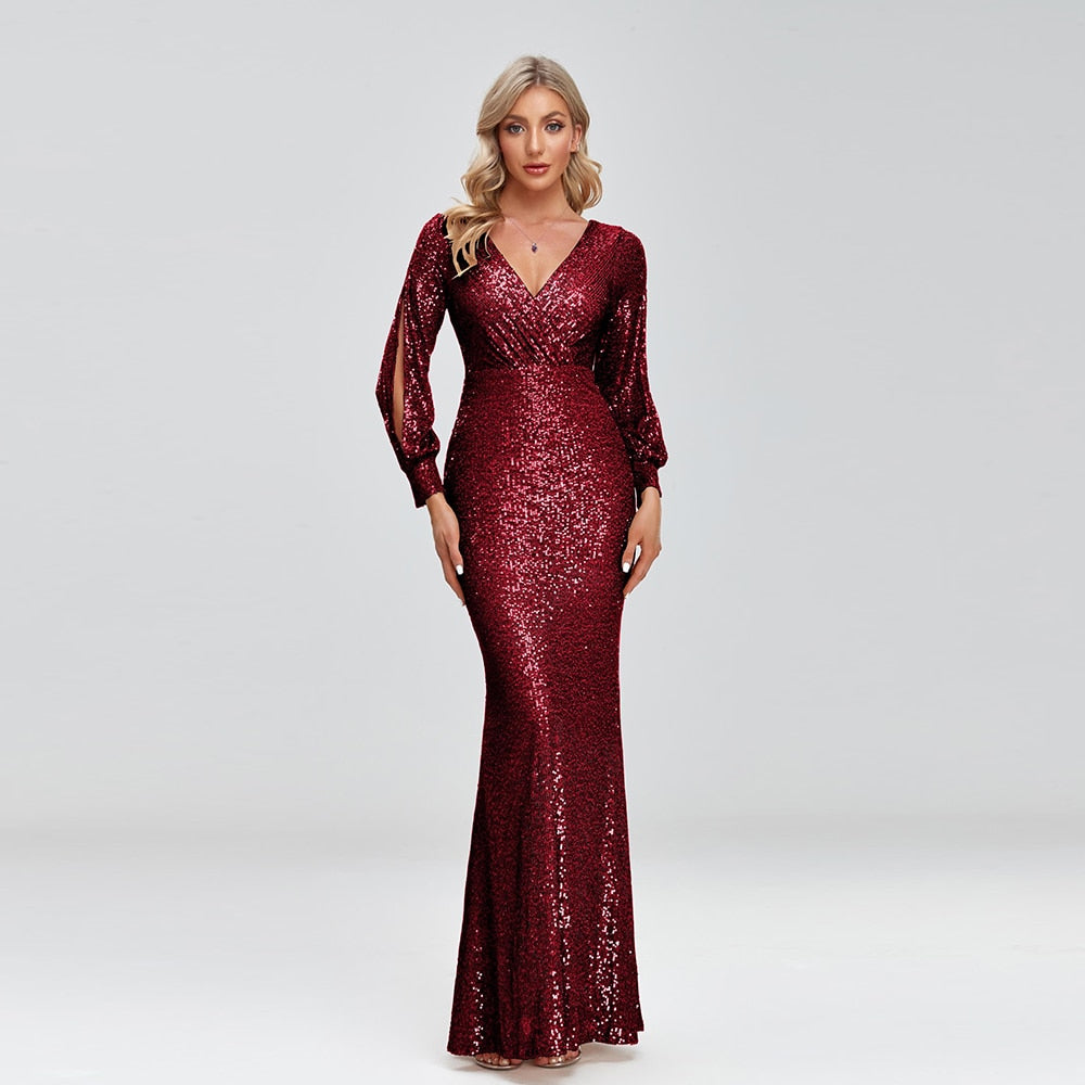 New Women Elegant V-neck Mermaid Evening Dress Floor Length Formal Prom Party Gown Sequins Long Sleeve Galadress Vestidos