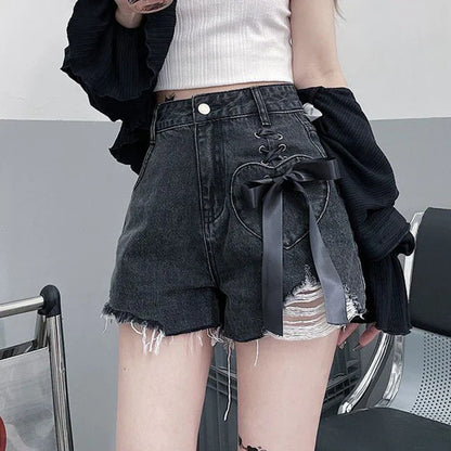 vmtvr High Waist Women Denim Shorts Summer Fashion Bow Loose Shorts Korean Casual Female Streetwear All Match Ripped Pants