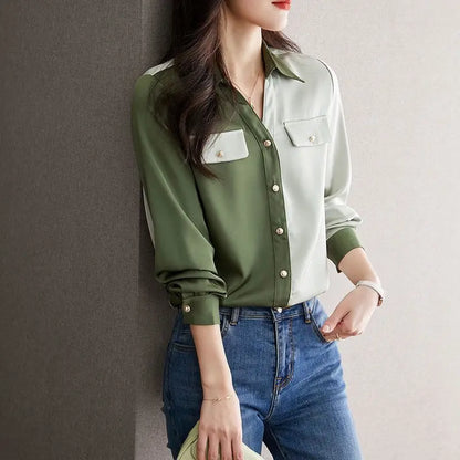 vmtvr Office Lady Korean Clothing Fashion Long Sleeve Chiffon Shirt Spring Summer Women Casual Versatile Contrast Color Chic Blouse