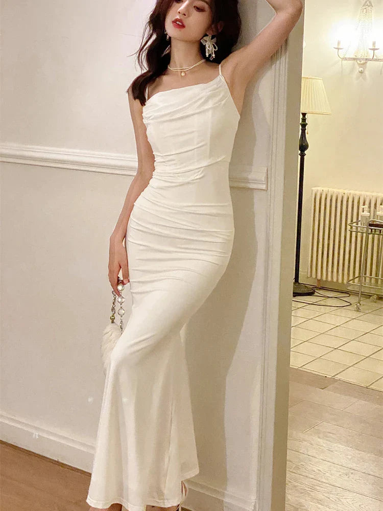 vmtvr - Fashion Elegant Dresses for Women Sleeveless Sexy Club Solid Spaghetti Strap French Party Evening Dress Female 2024 New Summer