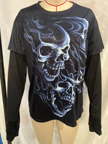 -Fall Outfits Long Sleeve Top -Vintage Graphic Skull Print T-shirts Y2K Cyber Aesthetic Tops Patchwork Long Sleeve Tee Gothic Grunge Emo Alt Clothes Streetwear