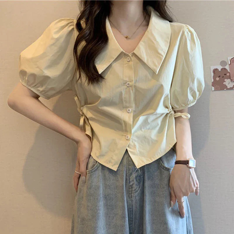 vmtvr Women White Shirts Summer Casual Lace Up Shirring Female Short Sleeve Tops Korean All Match Cropped Puff Sleeve Blouse