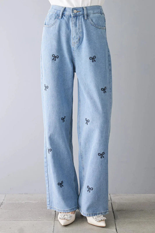 vmtvr Stylish Women Embroidery Bow Denim Wide Leg Pants Ladies High Waist 2024 Spring Summer Loose  Jeans Trousers