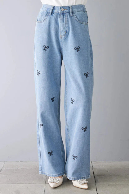 vmtvr Stylish Women Embroidery Bow Denim Wide Leg Pants Ladies High Waist 2024 Spring Summer Loose  Jeans Trousers