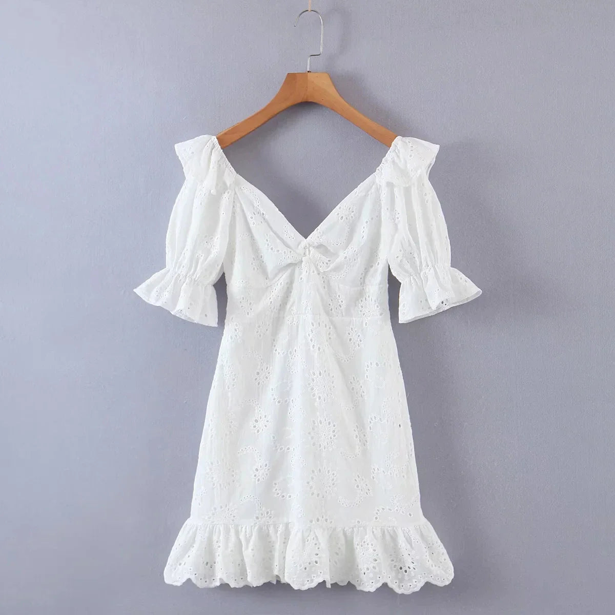 vmtvr  - Ruffles Puff Sleeve White Lace Dress Flower Embriodery Hollow Out Cotton Beach Dress Women Backless Party Mini Dress