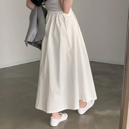 vmtvr Elegant Women White Long Pocket Skirts For Female Casual Loose A-Line High Elastic Waist Midi Skirt 2024 Spring Summer L986