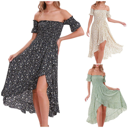 Summer Square Collar Print Dress Women Casual Short Sleeve Slim High Wasit Floral Off The Shoulder Dresses vestido feminino