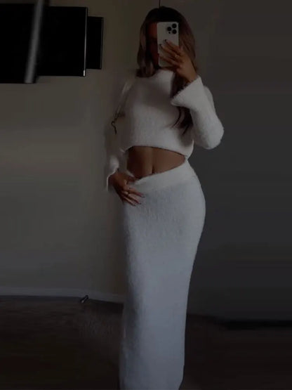 vmtvr Solid Knitted Round Neck Crop Tops Half Skirt Set Women Chic Long Sleeves Sweater Midi Skirts Suit Winter High Streetwear