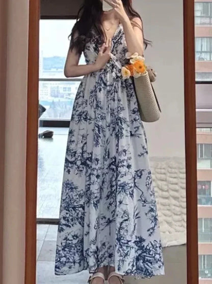 vmtvr Fashion New Women Floral Print Casual Dress Summer Spaghetti Strap A-Line Party Beach Maxi Robe Female Holiday Vestidos Clothes