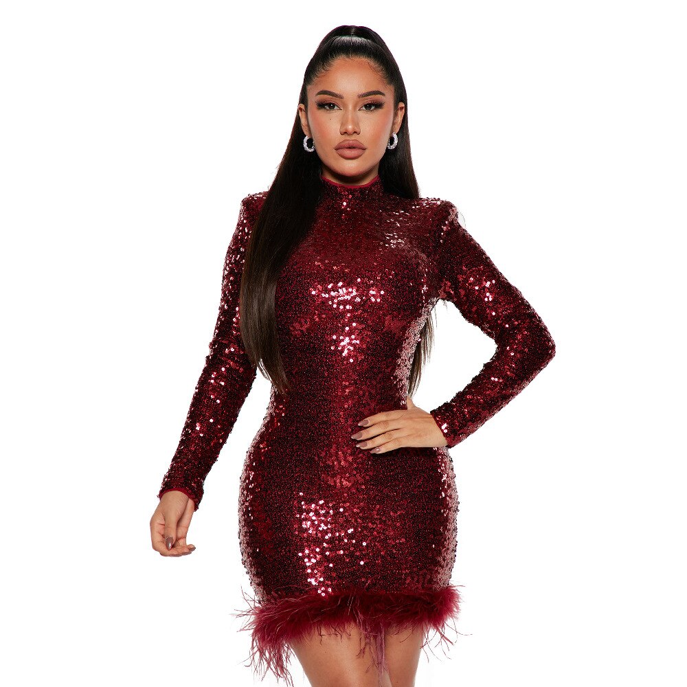 vmtvr - Fashion Sexy Bodycon Birthday Party Dress for Women  Spring Long Sleeve Feather Sequins Short Evening Dresses Black Red