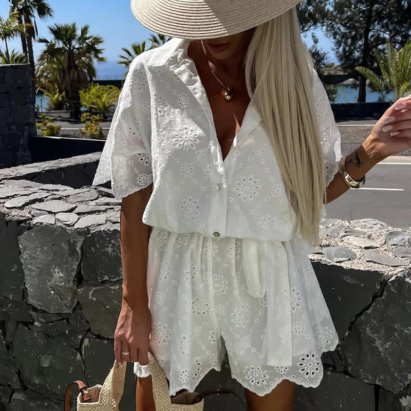 vmtvr Ladies Fashion Lace Up Holiday Romper New Summer White Casual Lapel Shorts Playsuits Sexy Lace Embroidered Hollow Shirt Jumpsuit