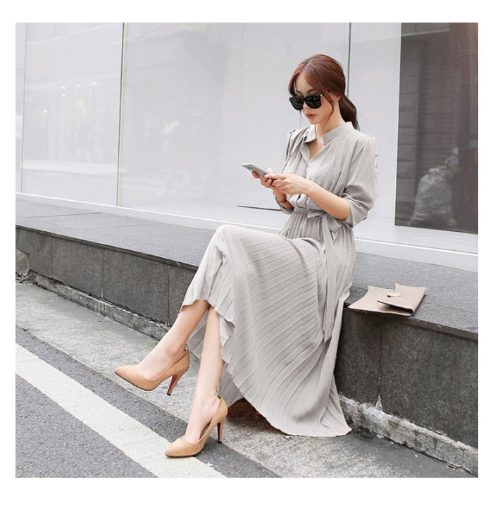 vmtvr Elegant Chiffon Long Sleeve Shirt Dress Women Belt Lace Up A-line Pleated Maxi Dress Korean Fashion Fall Clothes Streetwear