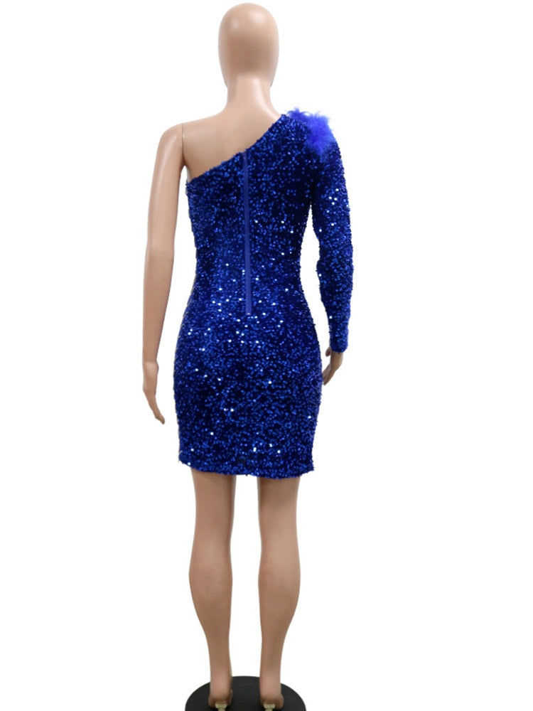 vmtvr - Elegant Single Shoulder Feather Mini Dress Glitter Long Sleeve Sequins Short Party Dress Birthday Outfits Female Robes