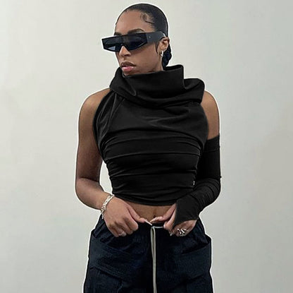 -Fall Outfits  Asymmetrical Crop Top One Sleeve Hooded Backless Fitted T Shirts Streetwear Women Clothing