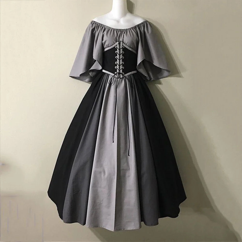 vmtvr  -  Medieval Retro Midi Dress Gothic Women's Contrast Color Splicing Flying Sleeves Lace-Up Waist Swing Skirt Cocktail Party Dresses