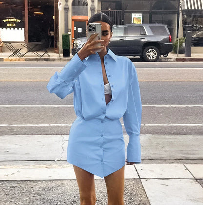 vmtvr Blue Shirts Dress Slim Women Classic Lapel Long Sleeves Pleated Pencil Mini Dress Summer Autumn 2024 Office Ladies