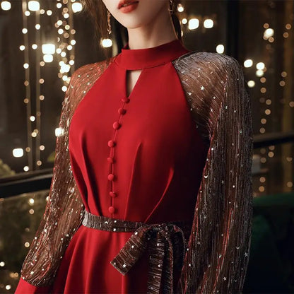 vmtvr Elegant Vintage Fairy Dress Women Red Patchwork Korean Style Sequined Dress Female Autumn Casual Evening Party Dresses Chic