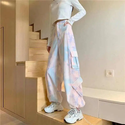 vmtvr Women Harajuku Tie Dye Cargo Pants Spring Summer New Korean Fashion Streetwear High Waist Loose Versatile Sports Casual Trousers