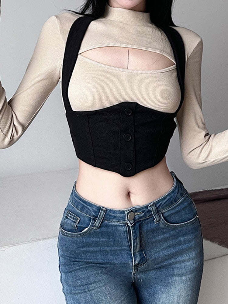 -Fall Outfits  Fashion Underbust Corset Skinny Women T Shirt Basic Slim Autumn Cropped Tops Korean Chic Cut Out Outfits Shirts