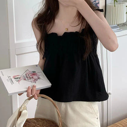 vmtvr Sexy Off Shoulder Camis Women Summer Ruched Loose Lace Up Tops Y2K All Match Female Korean Black Tanks New