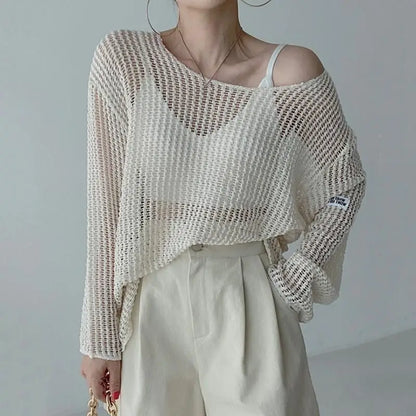 vmtvr Long Sleeve T-shirt Women Summer Thin Section Hollow Ice Silk Knit Sunscreen Coverall Korean Loose Tops
