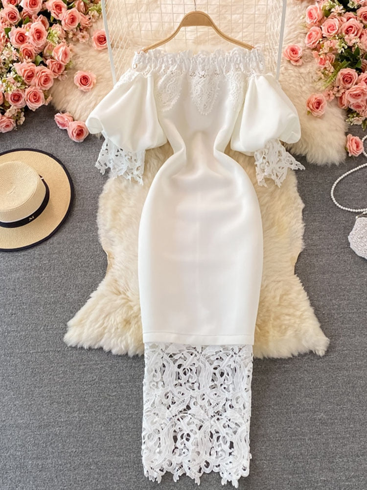 Off Shoulder Lace Evening Dresses Long Luxury  Party Prom Lantern Short Sleeve White Bodycon Bandage Dress