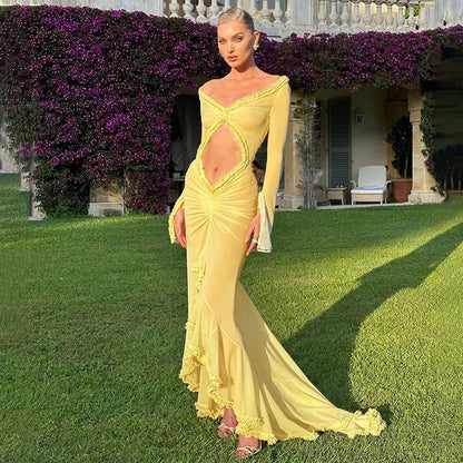 vmtvr  -  Yellow Sheer Beach Dress Women Fashion Long Sleeve Slim Maxi Evening Party Dresses Summer Sexy Hollow Out Ruffle Dress