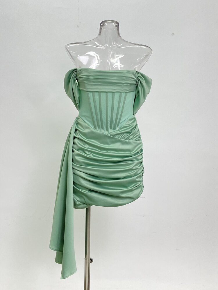 New Green Satin Draping Off Shoulder Corset Dress Elegant Backless Pleated Slim Mini Dress Celebrity Club Night Party Evening