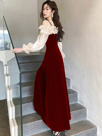 vmtvr  -  Women Red Velvet Luxury Dresses with Long Sleeves Autumn Winter Elegant Chic Wedding Dress Korean Vintage Festival Dresses