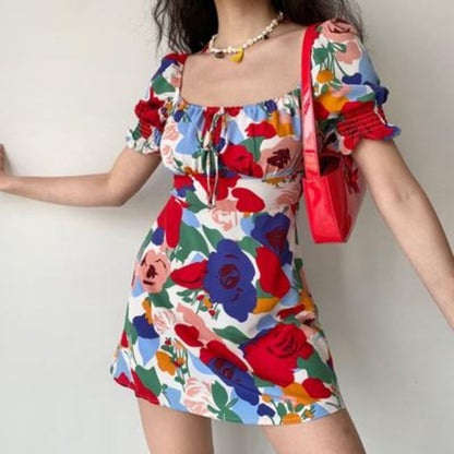 Y2k Floral Print Mini Dress Women Square Collar Puff Sleeve Summmer Skinny Slim Party High Waist Vintage Dresses 2023