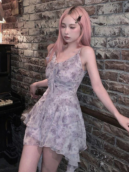 Floral Print Korean Fashion Dress Women Ruffles Vintage Sweet Party Mini Dress Female Designer Sexy Strap Dress Summer New