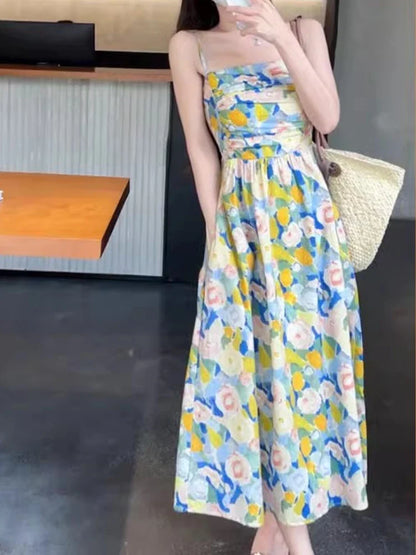 vmtvr Summer Women Floral Elegant Casual Party Dress Spaghetti Strap Vintage A-Line Maxi Boho Vestidos Female Chic Robe Clothes