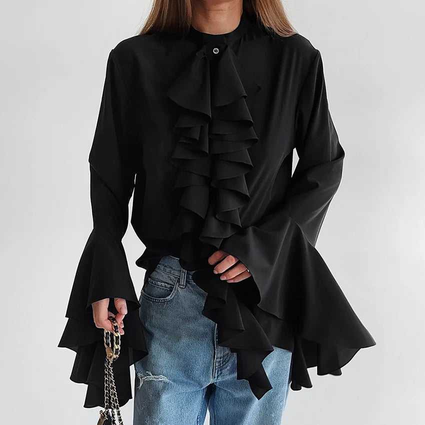 vmtvr Original Wood Ear Ruffled Edge Design Chiffon Shirt Spring and Summer Women's Fashion Loose Fitting Casual Long Sleeved Shirt